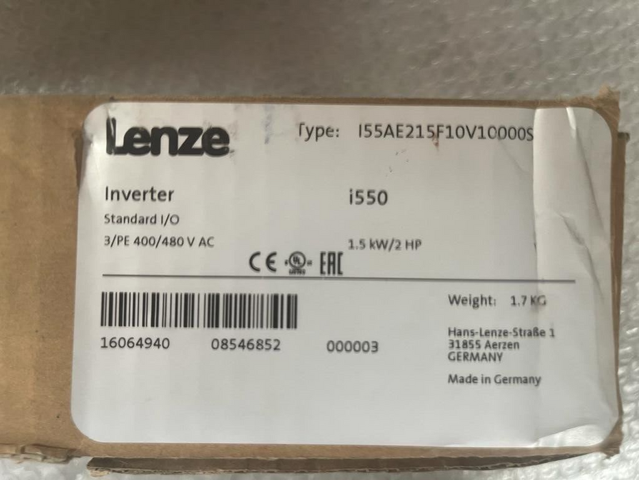 Lenze, I55AE215F10V10000S, Inverter i550 Standard I/O 1.5kW/2 HP 400/480V AC