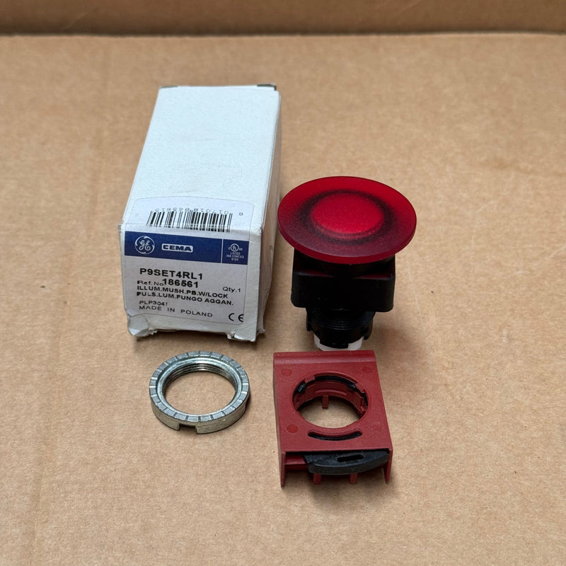 GE / P9 – P9SET4RL1 – Red Mushroom Push‑Pull Pushbutton, Ø40 mm Panel Switch