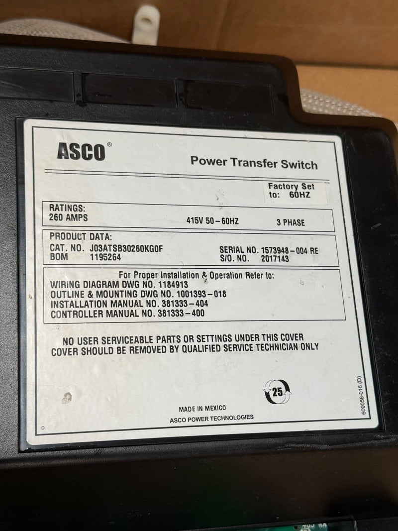 ASCO – J03ATSB30260KG0F – 260A Automatic Transfer Switch Controller